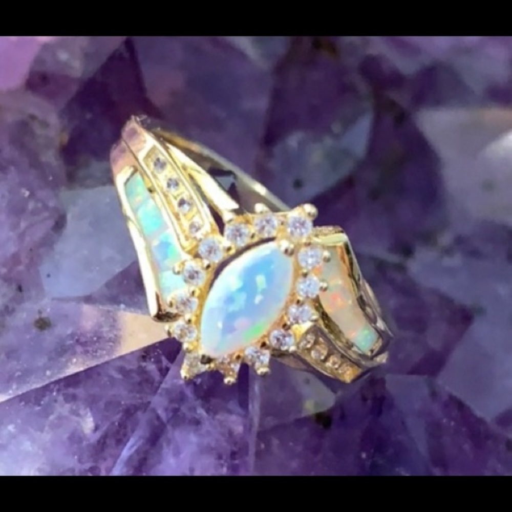 14k GOS LC Opal and LC White Sapphire Ring sz 7